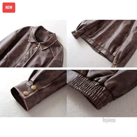 Distressed Faux Leather Bomber Jacket Oversized Motorcycle Style - Picture 6 of 6